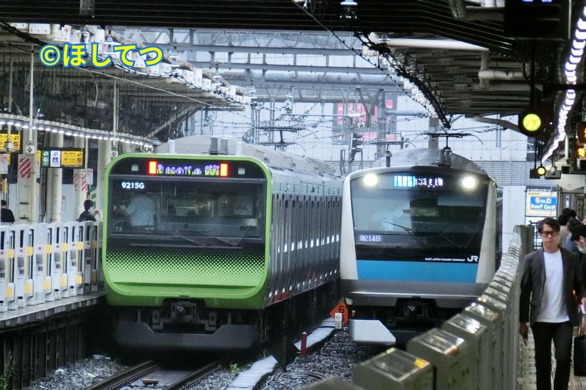 Keihin-Tohoku Line and Yamanote Line trains passing each other at Ueno Station (2)