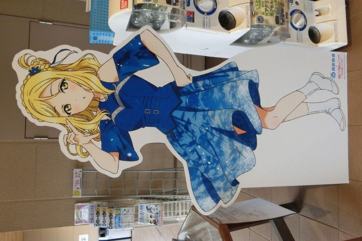 Mari Ohara life-size panel at Shuzenji Station on Izu-Hakone Railway Sunzu Line