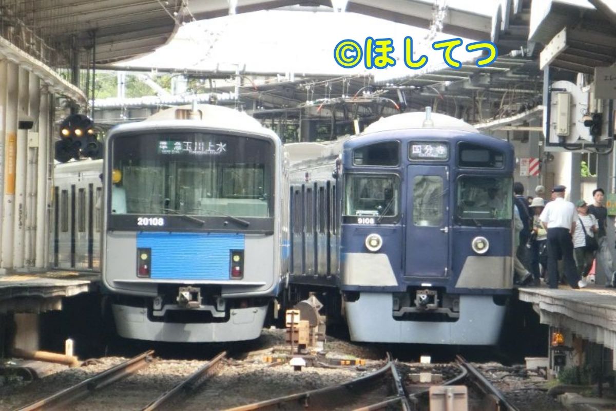 Seibu 20000 Series (left) and 9000 Series Navy Blue (right) side by side near Hagiyama Station