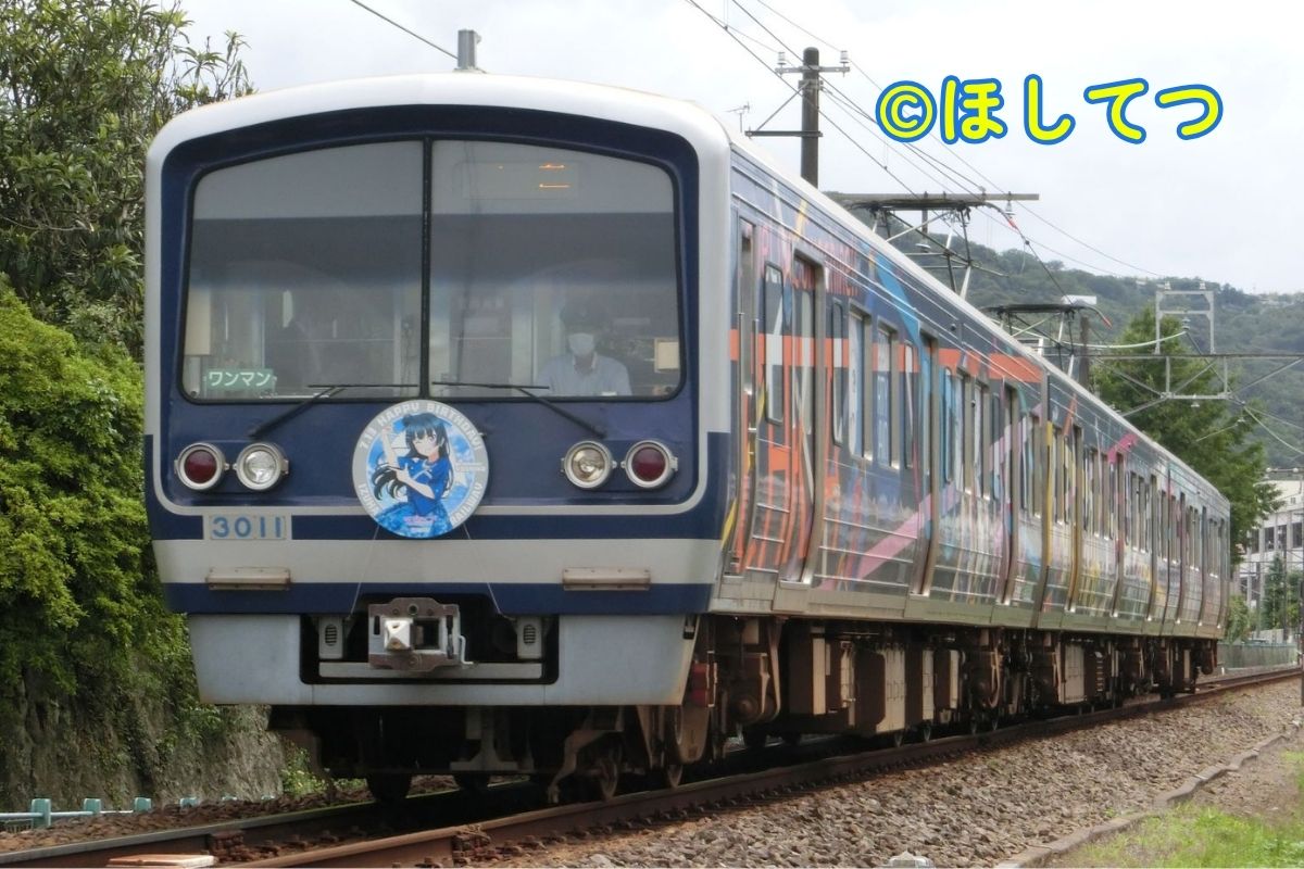Izu-Hakone 3000 Series Happy Party Train with Yoshiko Tsushima Birthday Headmark between Ohito and Takyo Stations