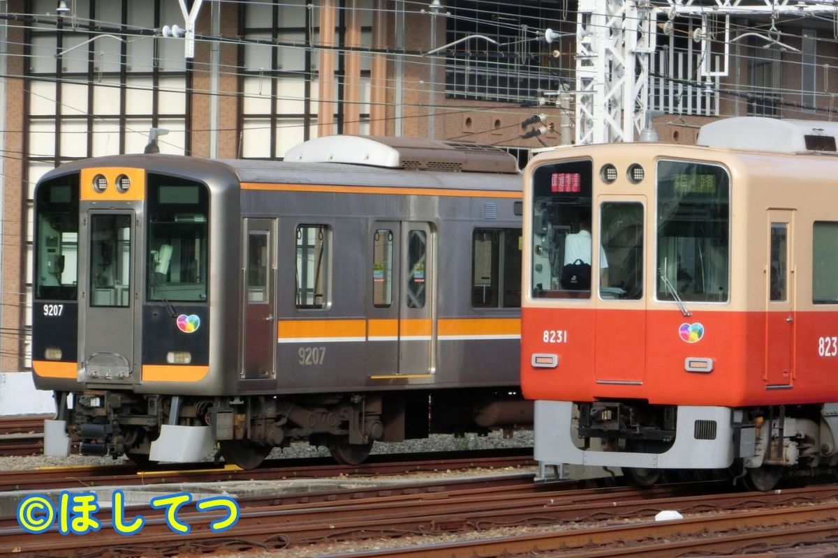 Hanshin 9000 Series and Hanshin 8000 Series Akado Livery side by side at Amagasaki Station