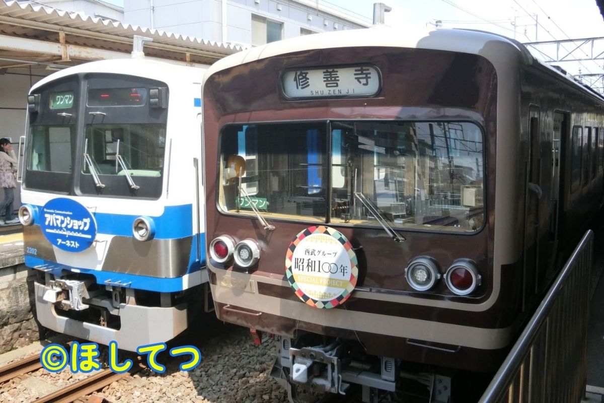Izu Hakone 1300 Series original livery and 3000 Series retro livery crossing at Daiba