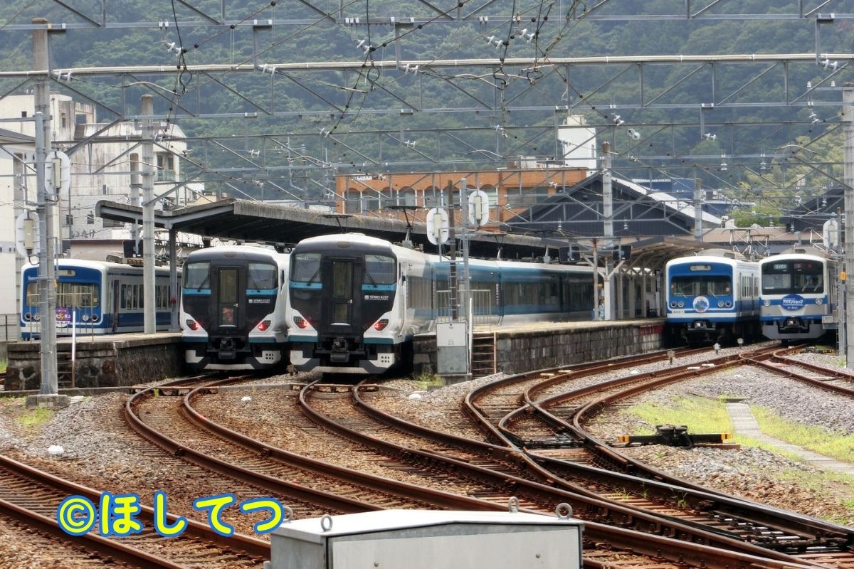 Izu Hakone 3000 Series, JR East E257 2000 Series Odoriko, and 1300 Series five trains side by side at Shuzenji Station