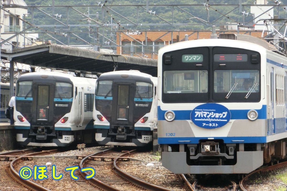 JR East E257 2000 Series Odoriko and Izu Hakone 1300 Series triple side by side at Shuzenji Station